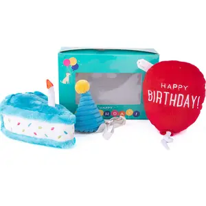 थोक पालतू कुत्ते चबाना खिलौना सेट लक्जरी जन्मदिन का केक गुब्बारा टोपी इंटरैक्टिव चीख़ आलीशान पालतू कुत्ते जन्मदिन का कुत्तों के लिए खिलौने