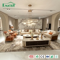 Ensemble de salon en panneaux tissés design avec accents en cuir véritable rouillé et tables à plateau en pierre – Solutions de mobilier pour toute la maison