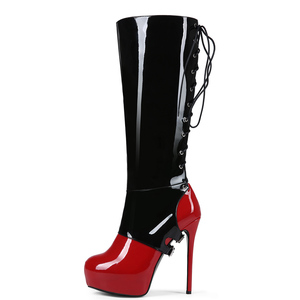 Summer Red Patchwork Patent Knee High Boots Big Size 47 Back Cut Out Lace up Long Boots Thick Platform Thin <b>Heels</b> Party Shoes - Product Image 5