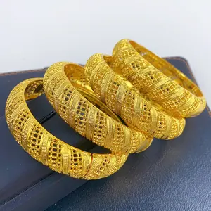 Factory Wholesale Exquisite Dubai Women Big Gold Plated Bangle Brass Fashion Jewelry 24k Gold Color Filled Bracelet and Bangle