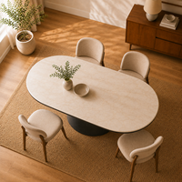 Table à manger ovale moderne en marbre avec piétement en bois noir pour salle à manger de luxe