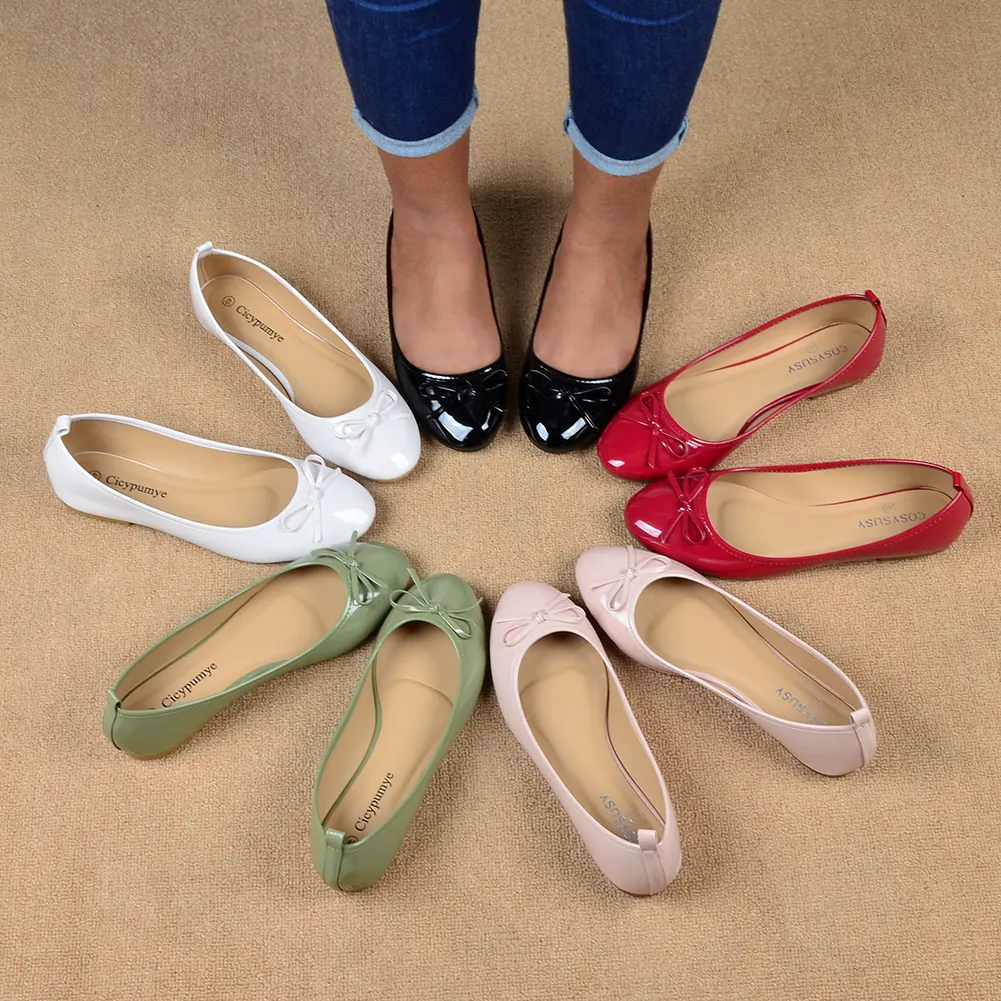 Ballerina Damen Tanz schuhe mit Bowknot Schöne Damenschuhe Polybag Solid Summer Damenschuhe RTS Soft Shining Pu Unter $1