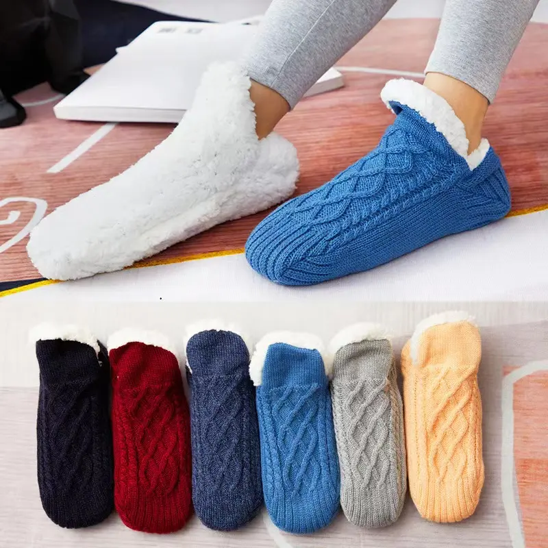 Winter Warm Parent-child Mommy Kid Thick Cable Knit Sherpa Fleece Lined Cozy Fluffy Fuzzy Non Slip Slipper Socks With Grippers