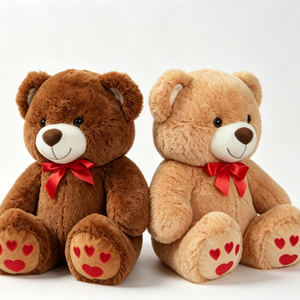 Customized ght <b>Tan</b> & Dark <b>Brown</b> Matching Stuffed Bears with Red Satin Bows & Embroidered Heart Paw Prints - Product Image 3
