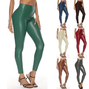 Enyami Fashionable Streetwear American Rave Punk Club Skinny Stretchy Trousers Fitness Gym Women High Waist PU Leather Pants