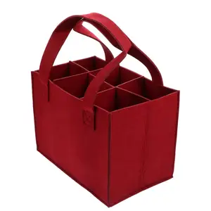 BSCI Factory Foldable Tote Winter Red Felt Bottle Bag with Divider for 6 Bottles Bag