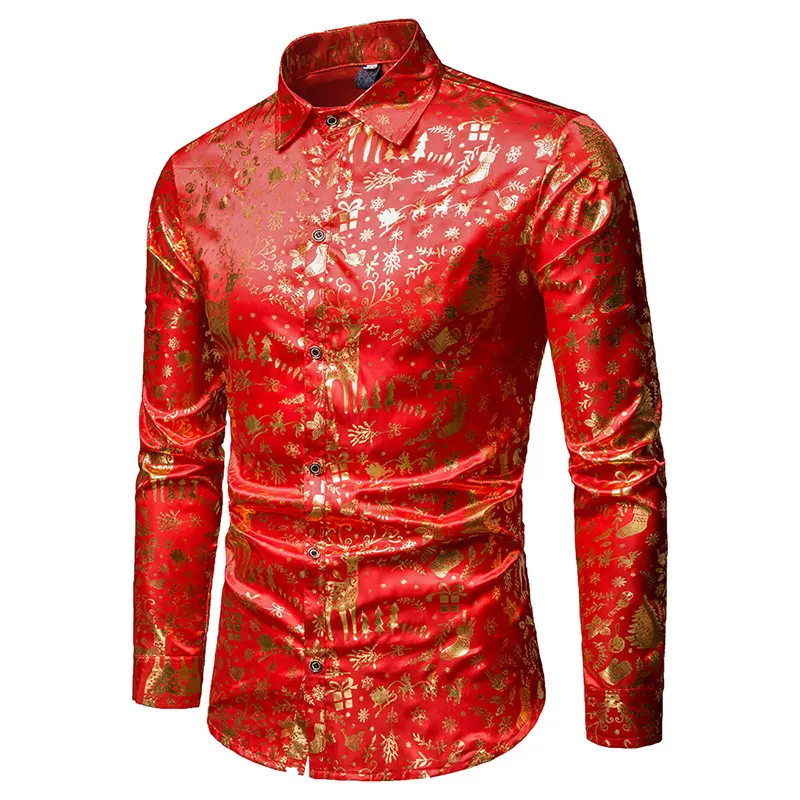2019 OEM men camisa hombre polyester long sleeve print red Christmas shirt