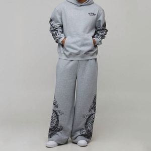 Sweat-shirt à capuche gris chiné imprimé dragon, pantalon de survêtement oriental à jambes larges, ensemble deux pièces personnalisé pour homme - Product Image 1