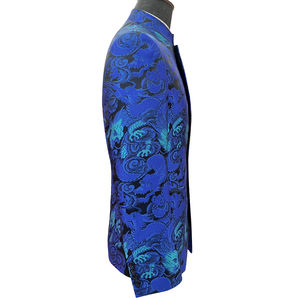Men's Chinese <strong>Blue</strong> <strong>Dinner</strong> Dress Suit <strong>Jacket</strong> Dragon Pattern Woven Gold Jacquard Satin Waterproof Anti-Static Pleated Standing - Product Image 2
