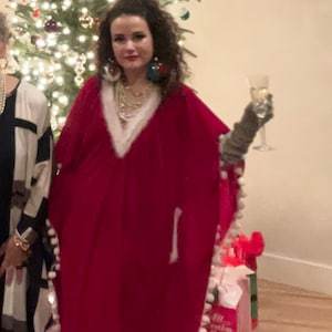 Red <b>Kaftan</b> Cotton Dress With V Neck Short Batwing Sleeves Pom Pom Trim Relaxed Fit And Flowing Silhouette <b>Kaftan</b> Dress For <b>Women</b> - Product Image 3