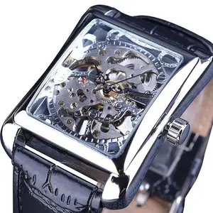Jam tangan gaya desain mewah 2024 jam tangan persegi emas berongga Retro 983 untuk pria tali kulit jam tangan mekanis Manual