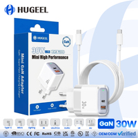 Chargeur GaN 30W HUGEEL Factory, charge rapide PD, adaptateur portable Type-C, CE GS BIS pour téléphone, ordinateur portable, chargeur mural USB-C, kit de câbles