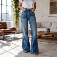 Jean évasé taille haute pour femme avec double bouton, broderie poche arrière, coupe slim bootcut en denim