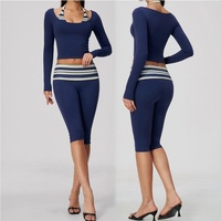 Ensemble de yoga pour femme, faux deux pièces, col licou, manches longues, color block, coupe ajustée, respirant, pour le sport et le fitness, longueur mollet
