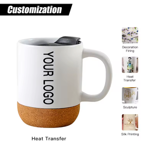 US Warehouse 450ml 15oz Sublimation Blank Mug Cork Bottom with Handle <strong>Ceramic</strong> Coffee <strong>Tumbler</strong> with Lid 36pcs/case