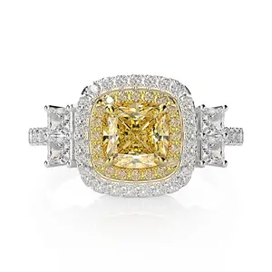 New arriving 18K White Gold Plating 925 Sterling Silver Ring Zirconia Micro Paved With Yellow Cushion Cut Diamond