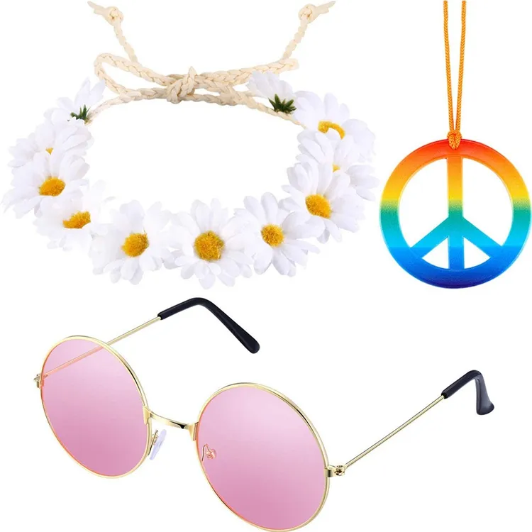 3PCS 70s Outfits for Girls Women Hippie Costume Set Includes Rainbow Necklace White Flower Headband and Pink Sunglasses H0761