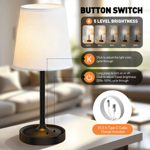 Cordless Rechargeable <b>Bedside</b> Table Lamp,Dimmable Desk Lamp with USB Charging Port & Fabric Shade for Bedroom Living Room - Product Image 3