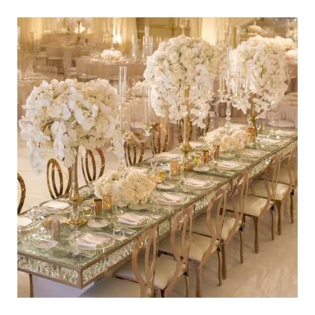 Tabela de recepção de móveis de casamento, tabela elegante dourada de eventos de noiva e noivo