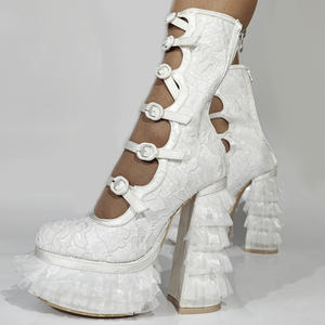Sandalias de fiesta de boda de encaje <span class=keywords><strong>blanco</strong></span> para mujer, hebillas de cinturón, botas medias, <span class=keywords><strong>plataforma</strong></span> gruesa con volantes, botines de pantorrilla de verano de talla grande 47 - Product Image 4