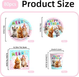 80 pièces de décorations d'anniversaire pour chat, ensemble complet de vaisselle en papier comprenant assiettes, gobelets, serviettes, décorations de fête d'anniversaire sur le thème du chat - Product Image 3