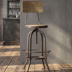 Chaise de bar en métal de style industriel et vintage, réglable en hauteur, avec siège et dossier en bois, accoudoirs fixes, pour bars à domicile et hôtels - Product Image 2