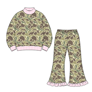 Customize kids Girls <b>Camo</b> Print 2Pcs Casual Sets Long Sleeve Mock Neck <b>Top</b> Pants with Pink Gingham Trim Boutique Autumn Outfits - Product Image 5