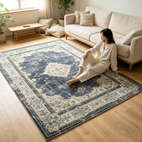 Tapis de sol vintage bleu marine à motif médaillon persan, lavable, en polyester, effet vieilli, pour la décoration intérieure