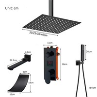 Ensemble de robinet de douche de salle de bain noir mat 10''12''affichage numérique pluie noir système de douche de bain cascade douche baignoire mitigeur