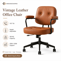 Chaise d'ordinateur en cuir de vachette style rétro capitonnée avec dossier et accoudoirs, confortable pour une assise prolongée, idéale pour la maison, la chambre, le bureau ou le bureau d'étude.