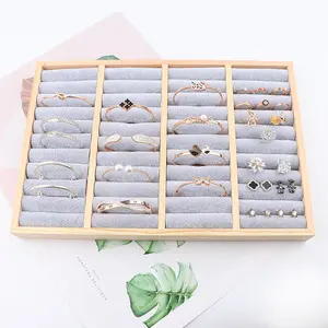 Wholesale wooden edge insert bracelet accessories tray flannelfabric ring earrings display tray stall jewelry props storage box