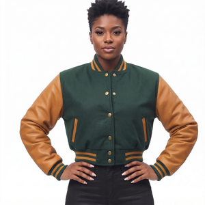 Veste universitaire pour femme MEGAMAPLE, manches en simili cuir vert, col boutonné contrastant, vêtements d'extérieur automne/hiver, doublure en nylon - Product Image 1