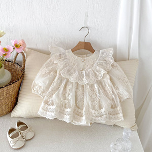 Tutina Principessa per Neonata Autunno <span class=keywords><strong>Primavera</strong></span>, Vestito a Maniche Lunghe con Pizzo e Fiori per Bambine - Product Image 1