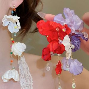 Glass Fabric <b>Flower</b> Tassel Earrings Super fairy <b>Sweet</b> Versatile Earrings Luxury High-end Earrings - Product Image 1