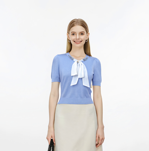 Maglione Elegante da Donna Rosa a Costine con Colletto in Strass e Fiocco in Raso, Manica Media, Vestibilità Slim, Blusa Lavorata a <span class=keywords><strong>Maglia</strong></span> per Ufficio, Maglione Morbido - Product Image 5