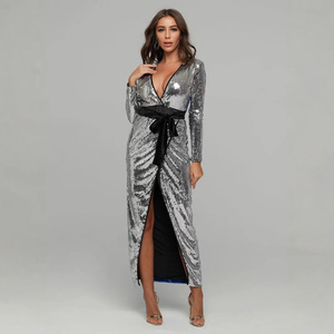 Vestido de noche con lentejuelas, cuello en V, manga larga, abertura alta, ropa formal para mujer - Product Image 4