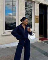 Ensemble de survêtement décontracté 2 pièces pour femme en toile unie écologique, sweat-shirt oversize à demi-zip et pantalon large à col montant, collection automne