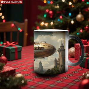 Mug vierge noir givré 11oz en céramique, tasse magique thermosensible avec motif château et dirigeable, peinture 2D à plat - Product Image 2