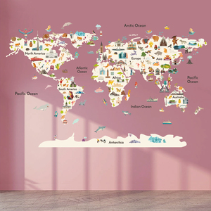 Nuovi Adesivi Murali Educativi in PVC con <span class=keywords><strong>Mappa</strong></span> <span class=keywords><strong>del</strong></span> <span class=keywords><strong>Mondo</strong></span>, Decorazioni per Camerette di Asili e Scuole Materne con Animali Cartoon - Product Image 4