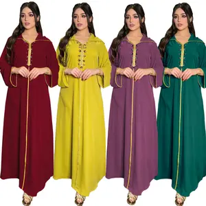 Baju Muslim Wanita Abaya Satin Lebaran Ramadan, Pakaian Muslim Arab Dubai Bertudung Pita Berlian Kaftan Maroko, Pakaian Islami