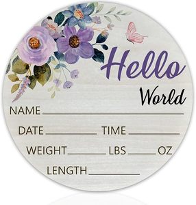 Panneau de naissance rond en bois de 15 cm « Hello World » avec girafe et éléphant jaunes pour chambre de bébé, hôpital et fête prénatale - Product Image 4