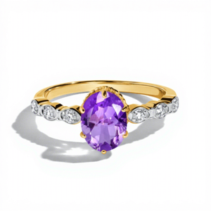 925 Sterling <b>Silver</b> Gold Plated <b>Amethyst</b> <b>Ring</b>, Natural Oval Cut Purple Gemstone with Accent Stones, Vintage <b>Ring</b> for Women - Product Image 1