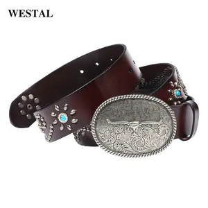 Westal Trendy Punk Style Mens Belts Genuine Leather Womens Leather Belts Western Alloy Buckle Leather Belt
