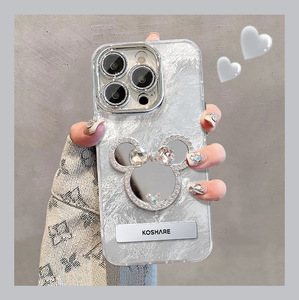 Coque de protection rigide en PC pour iPhone X, XR, XS, 11, 12, 13, 14, 15, 16 Pro Max avec support miroir et protection d'objectif, motif diamant mignon - Product Image 2