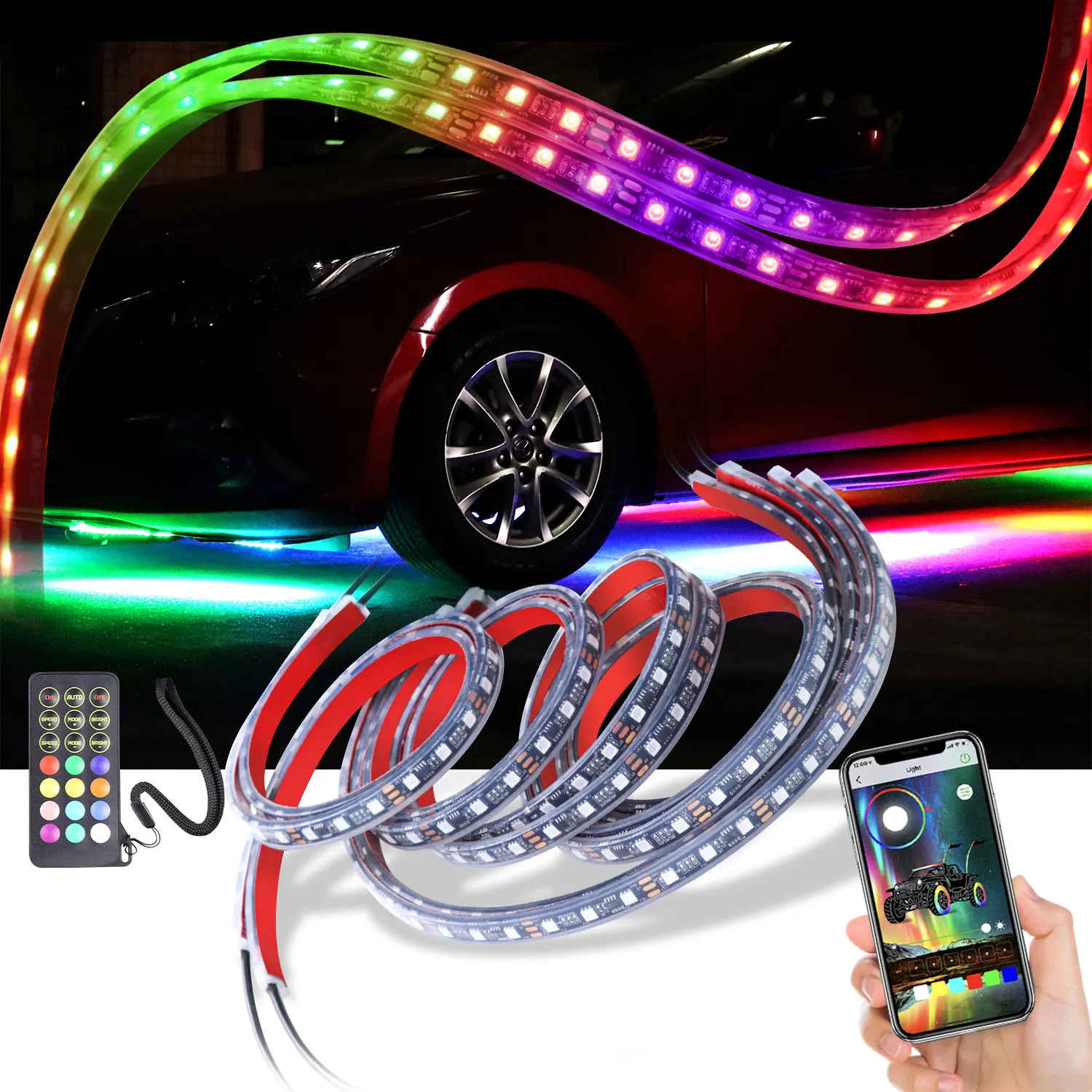 Lampu Neon Mobil Di Bawah Cahaya Warna <span class=keywords><strong>RGB</strong></span>, Lampu Mobil Neon dengan Aplikasi BT dan Kendali Jarak Jauh dengan Fungsi Pembalik dan Rem