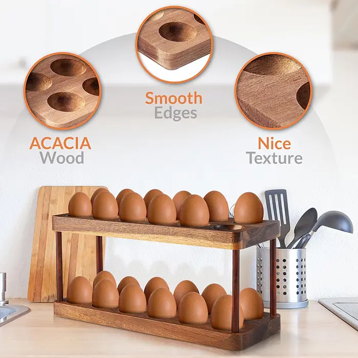 बबूल की लकड़ी का अंडा धारक चिकने किनारों और अच्छी बनावट के साथ दोहरी परत वाला और 24 मानक अंडे के लिए सुनहरा भूरा रंग