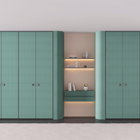 Armoire à portes battantes en cuir, placard intégré sur mesure avec étagères à niche LED, finition vert mousse