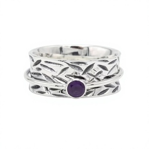 Sterling <b>Silver</b> <b>Amethyst</b> <b>Ring</b> With Leaf Pattern Bezel Setting Minimalist Gemstone Band Unisex Everyday Wear - Product Image 1