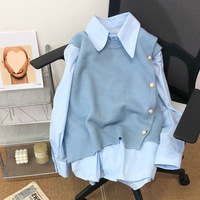 Ensemble 2 pièces pour femme : Chemise à col pointu et manches longues, Gilet en maille asymétrique à boutons perlés – Style Preppy pour le quotidien