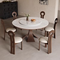 Mesa de Comedor Redonda de Pizarra de Estilo Moderno y Minimalista, Combinación de Mesa y Sillas de Madera de Mediados de Siglo con Plato Giratorio para Hogares Pequeños